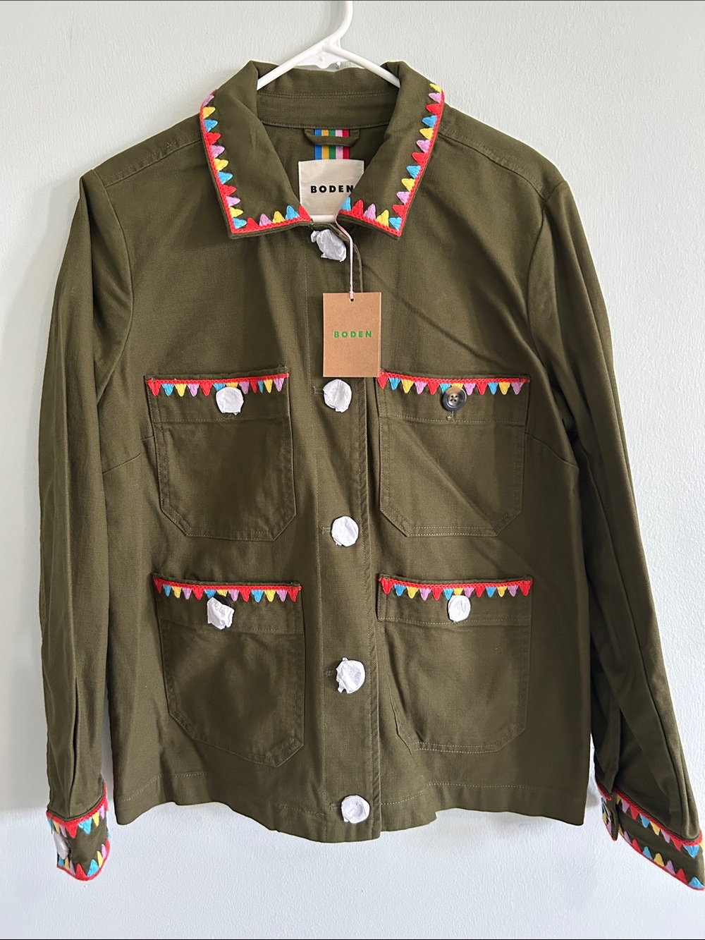 Boden Olive Green Utility Jacket with Colorful Embroidered Trim